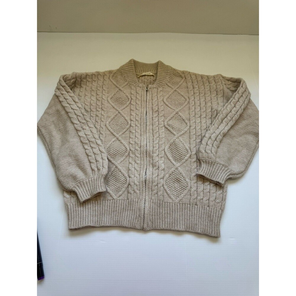 Lovestitch Women Small Cable Knit Zip Front Cardigan Sweater Beige Acrylic Blend